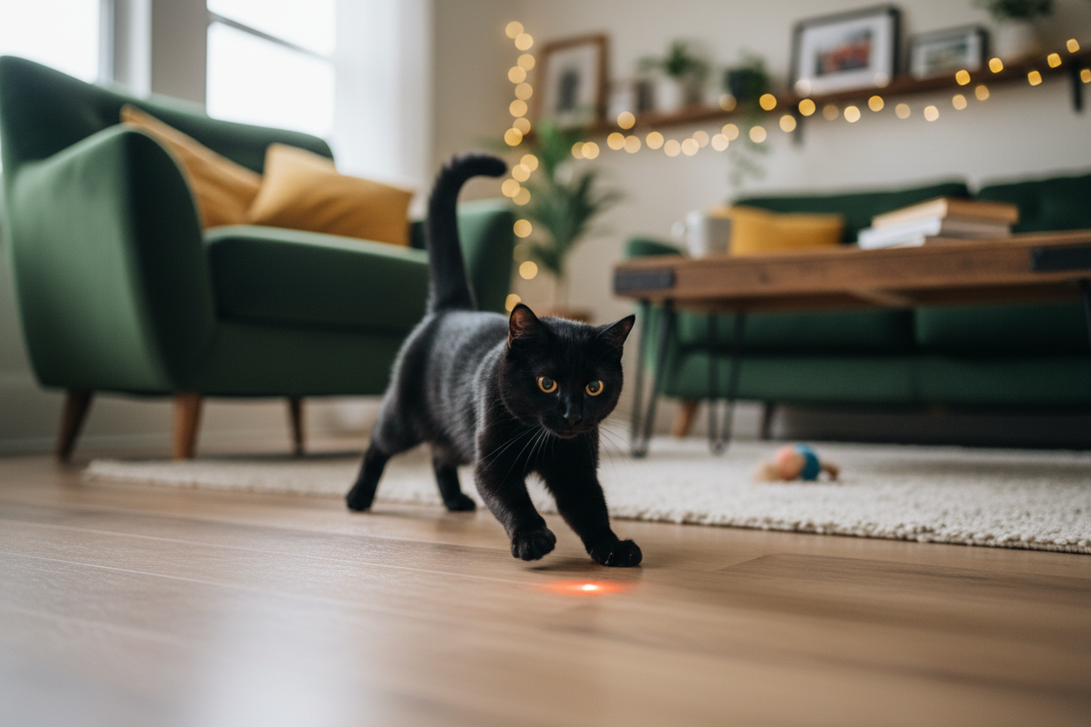 Playful black cat chasing a red laser dot on a wooden floor at home
